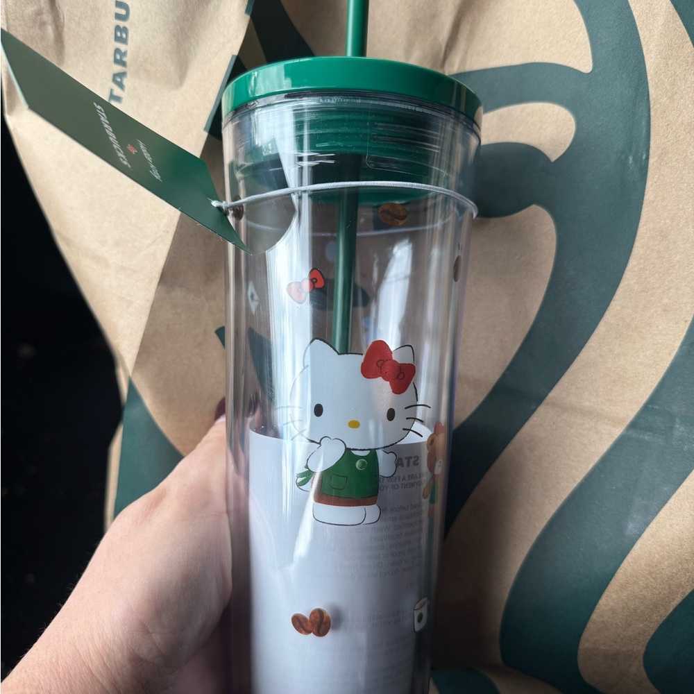 Starbucks limited edition Hello Kitty clear Tumbler with Green Lid & Straw 24oz